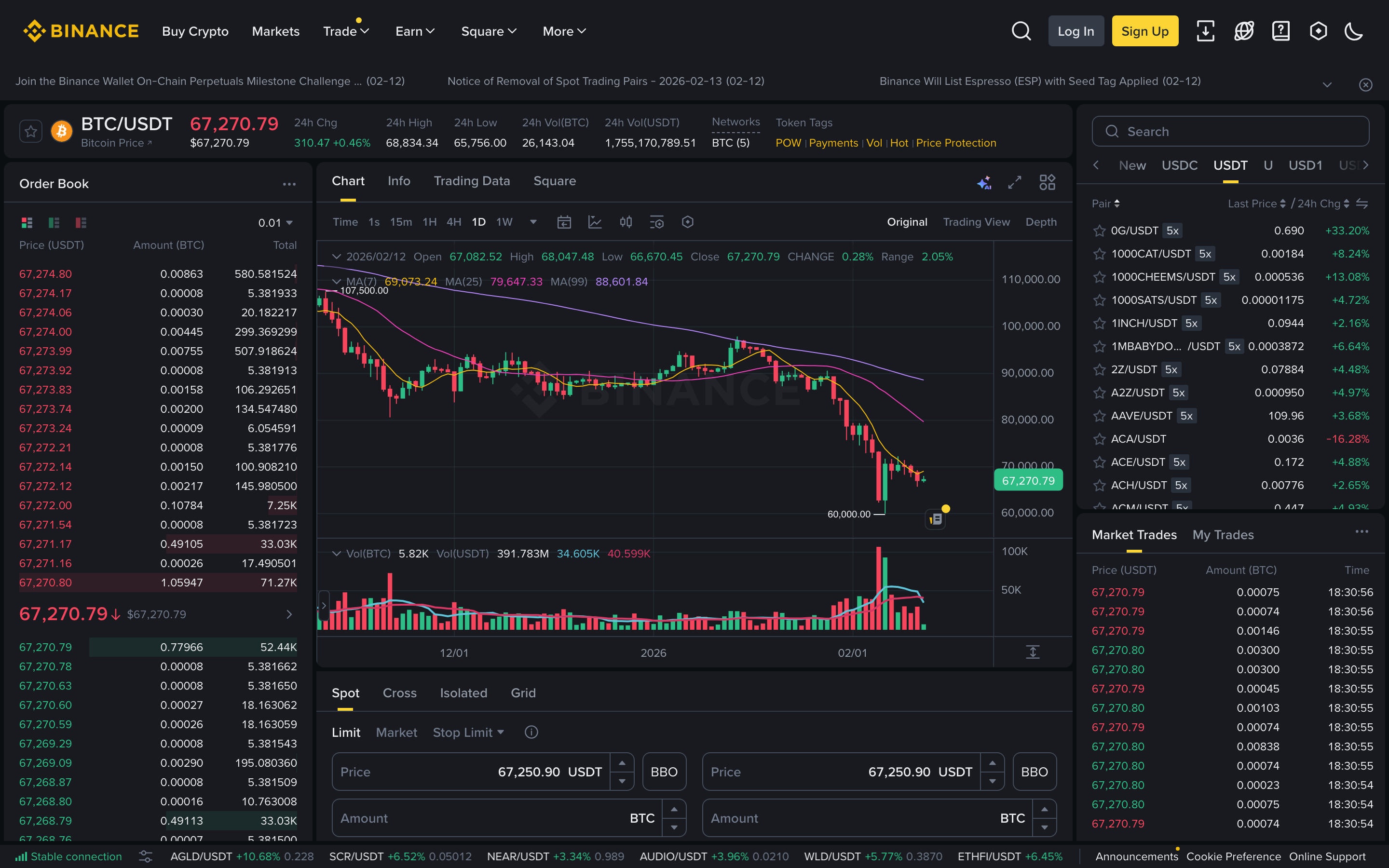 Binance - Spot trading interface
